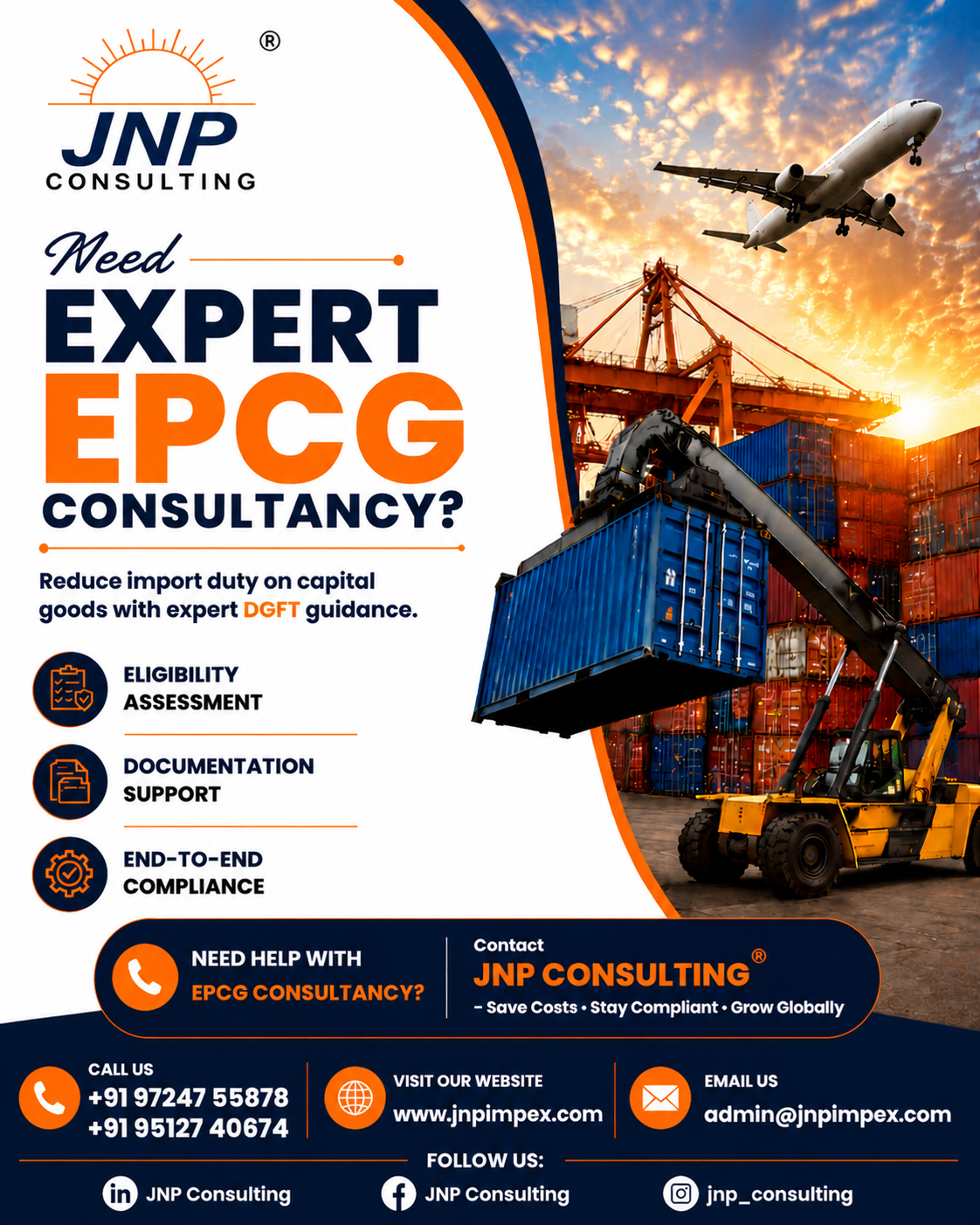 Looking for an EPCG Consultant in Gujarat? JNP Consulting offers expert EPCG consultancy, DGFT compliance, documentation, and end-to-end support for importers and exporters.